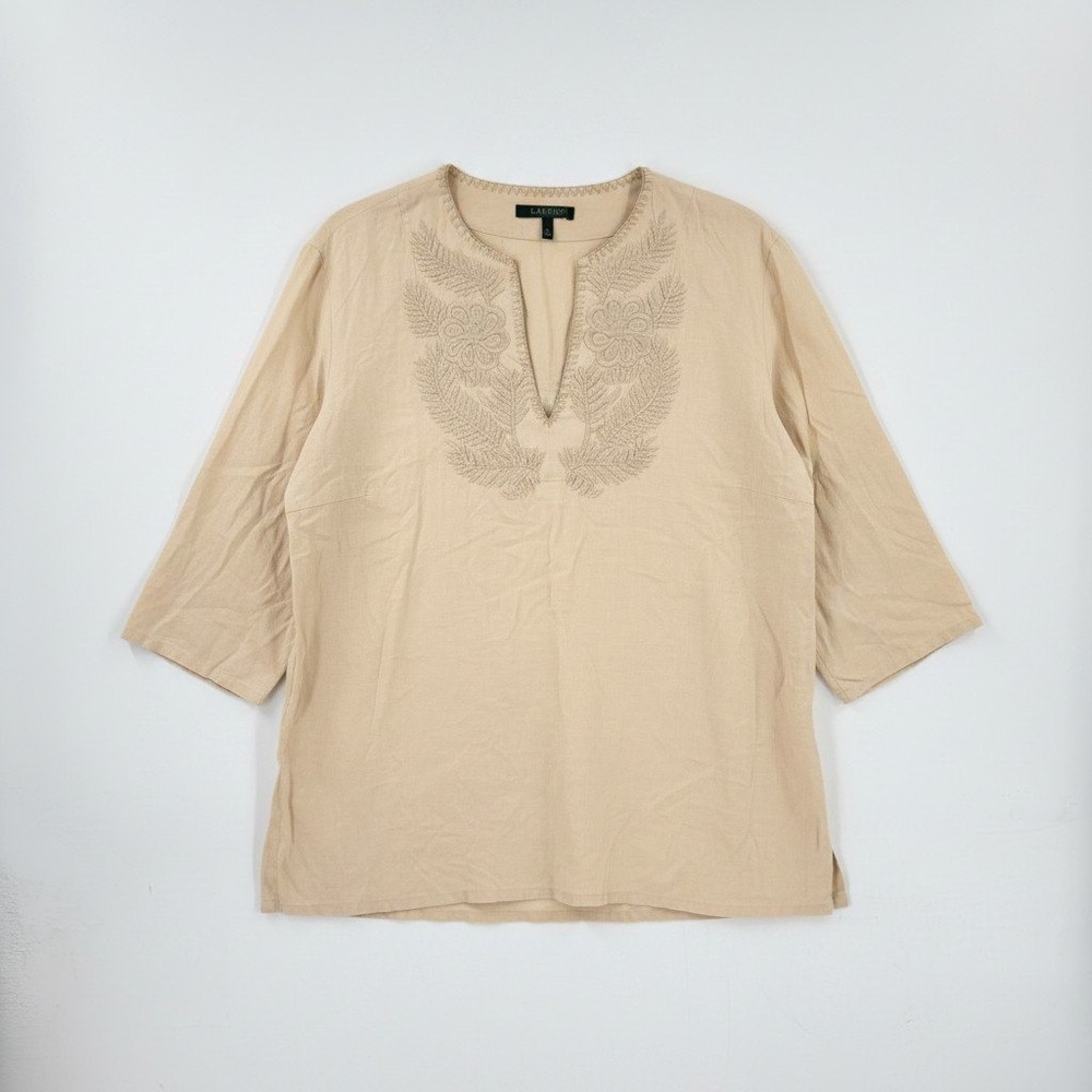 Lauren Ralph Lauren Linen Embroidered Tunic Blouse Split Neck Beige Size 1X